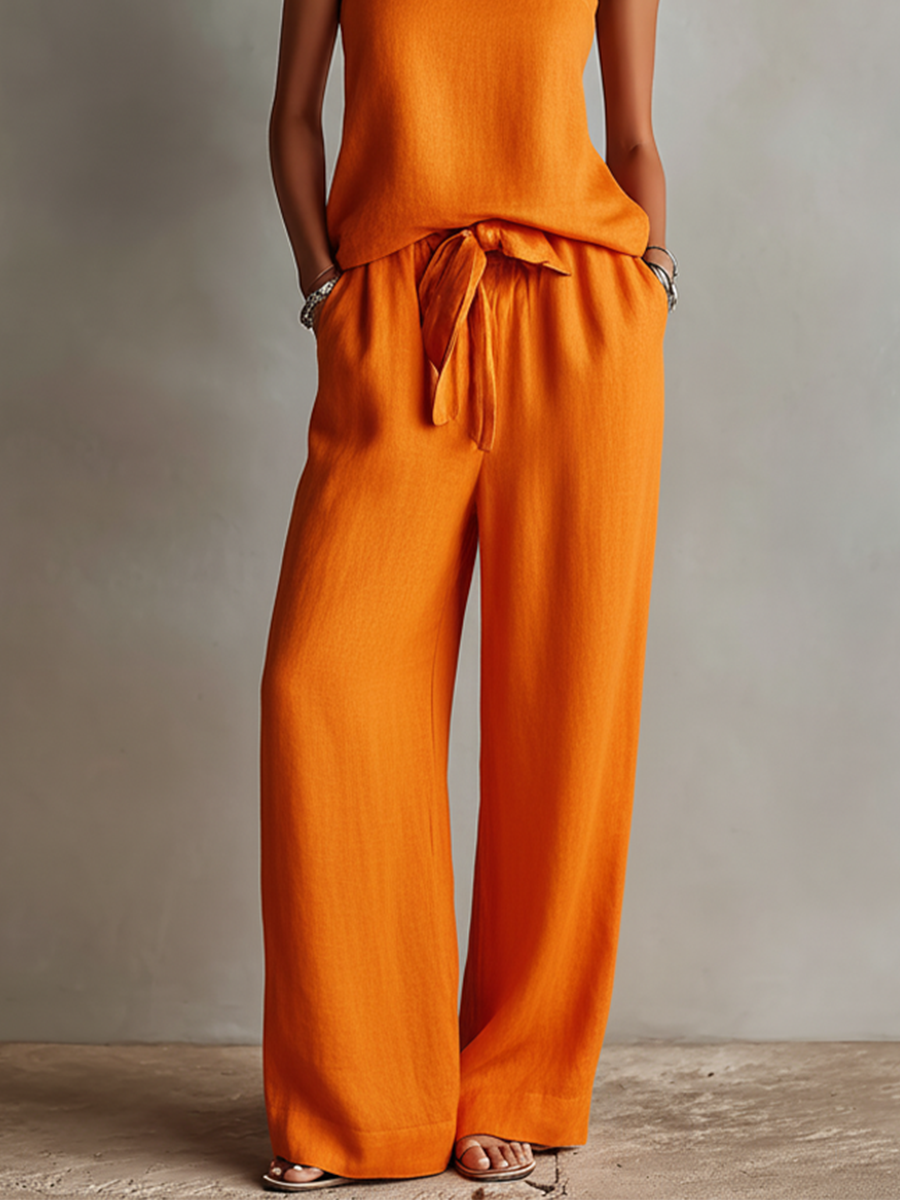 Linen Women's Orange Jumpsuit with Wide Leg and Adjustable Straps