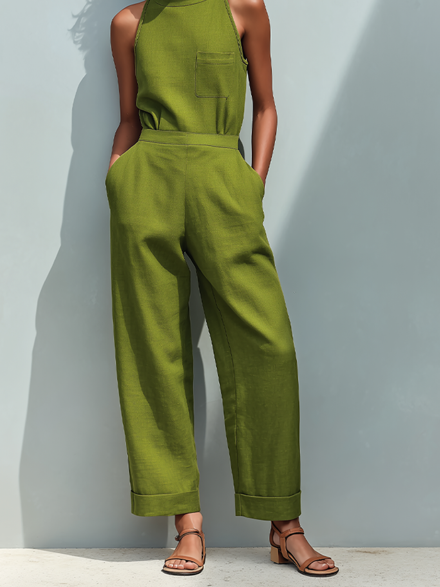 Linen Sleeveless High Neck Jumpsuit with Cuffed Pants and Front Pocket