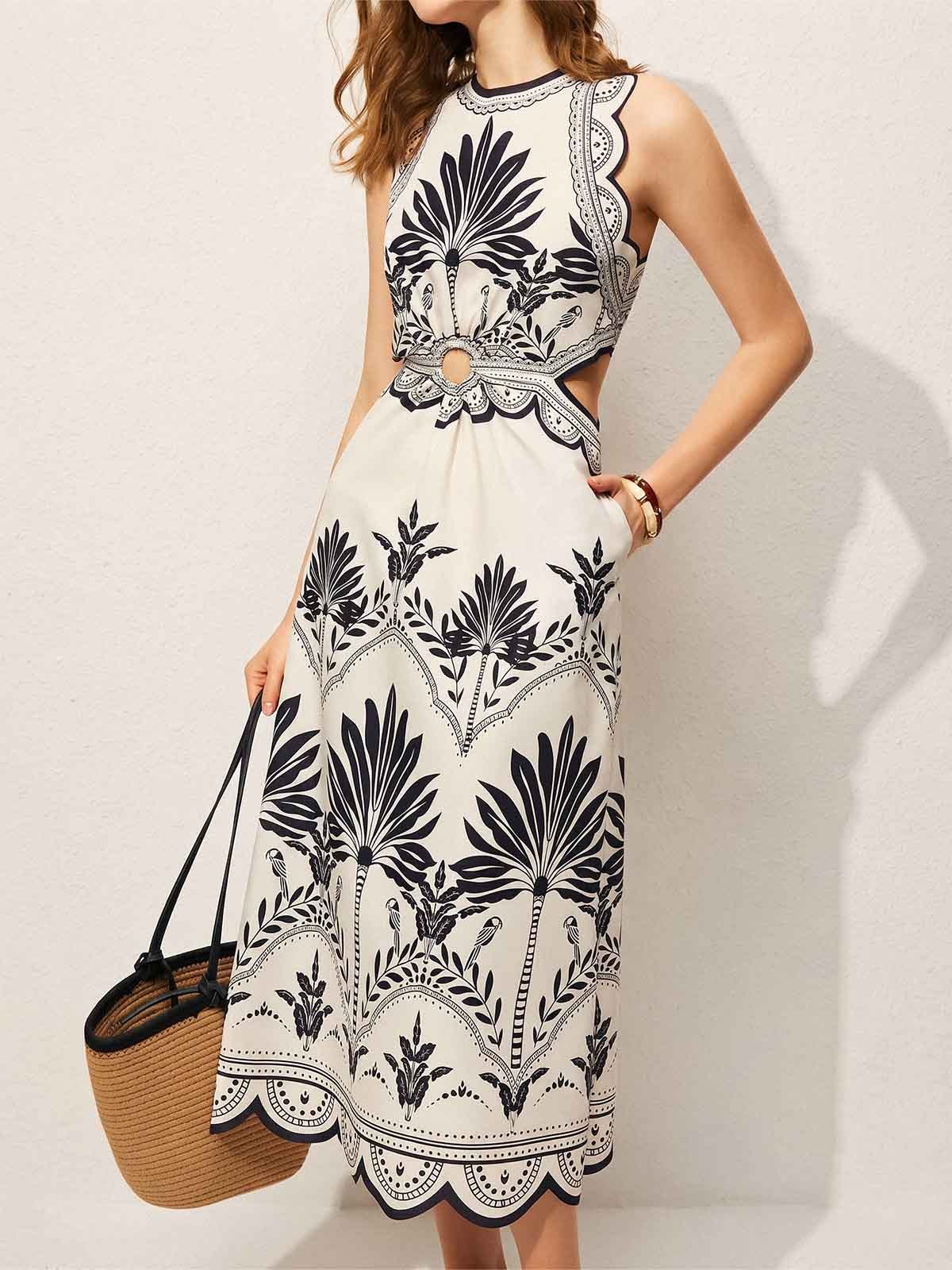 Floral Cut Out Waist Midi Dress