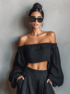 Conjunto de top corto de lino con hombros descubiertos y pantalones de pierna ancha - Conjunto de verano bohemio chic de corte holgado para mujer.