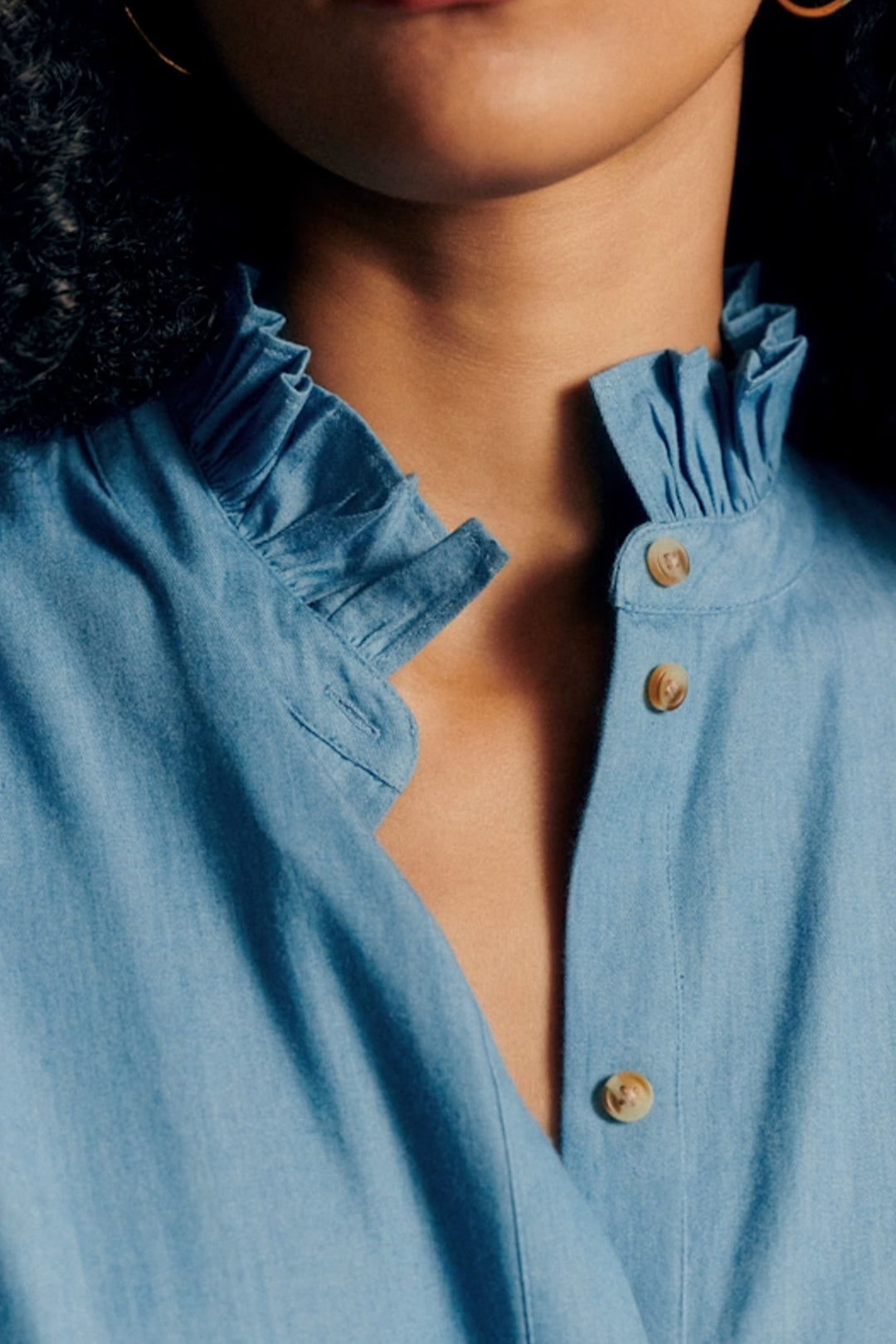The Colette Blouse In Frilled Denim Blue