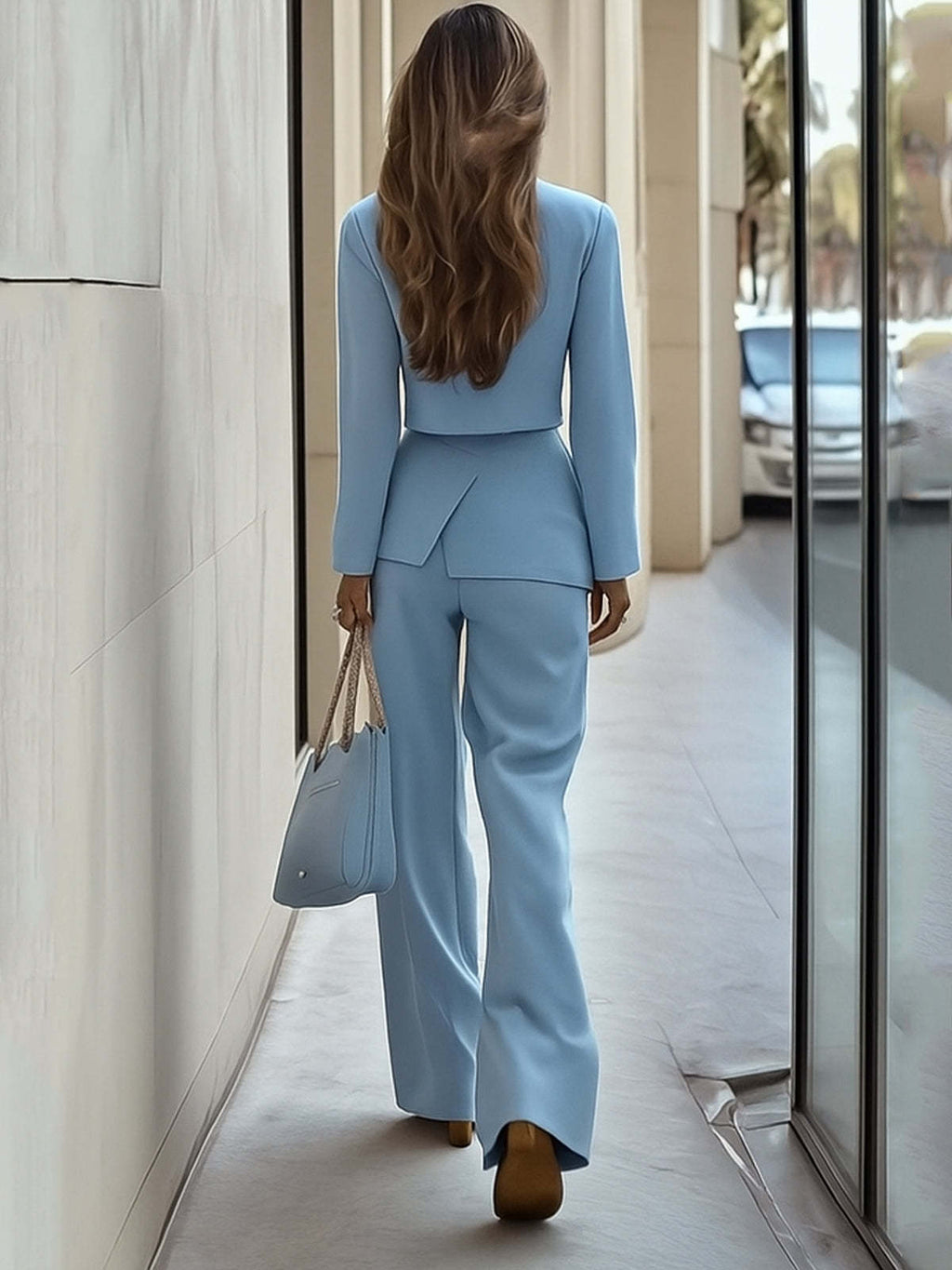 Long Sleeves Light Blue Double Patch Pocket Suit
