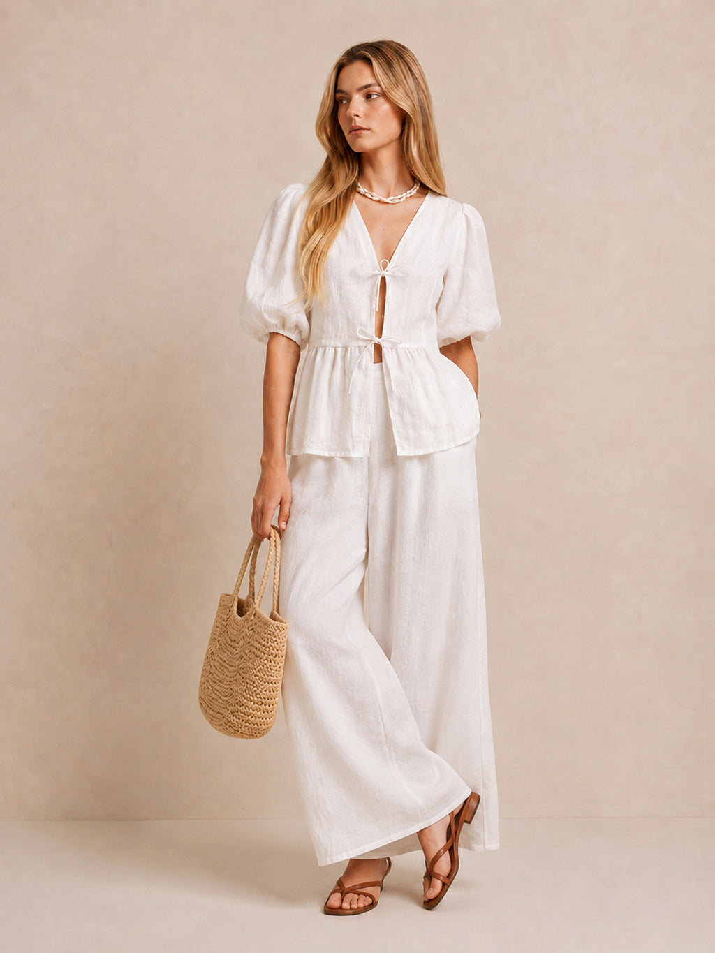 Puff Sleeve Tie Front Pants Set