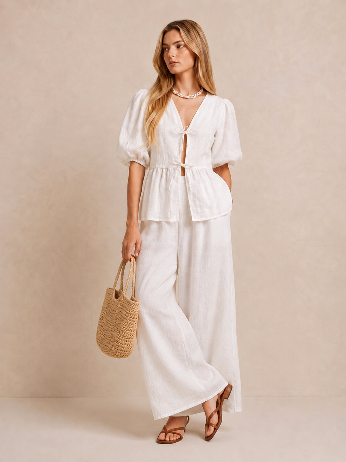 Puff Sleeve Tie Front Pants Set