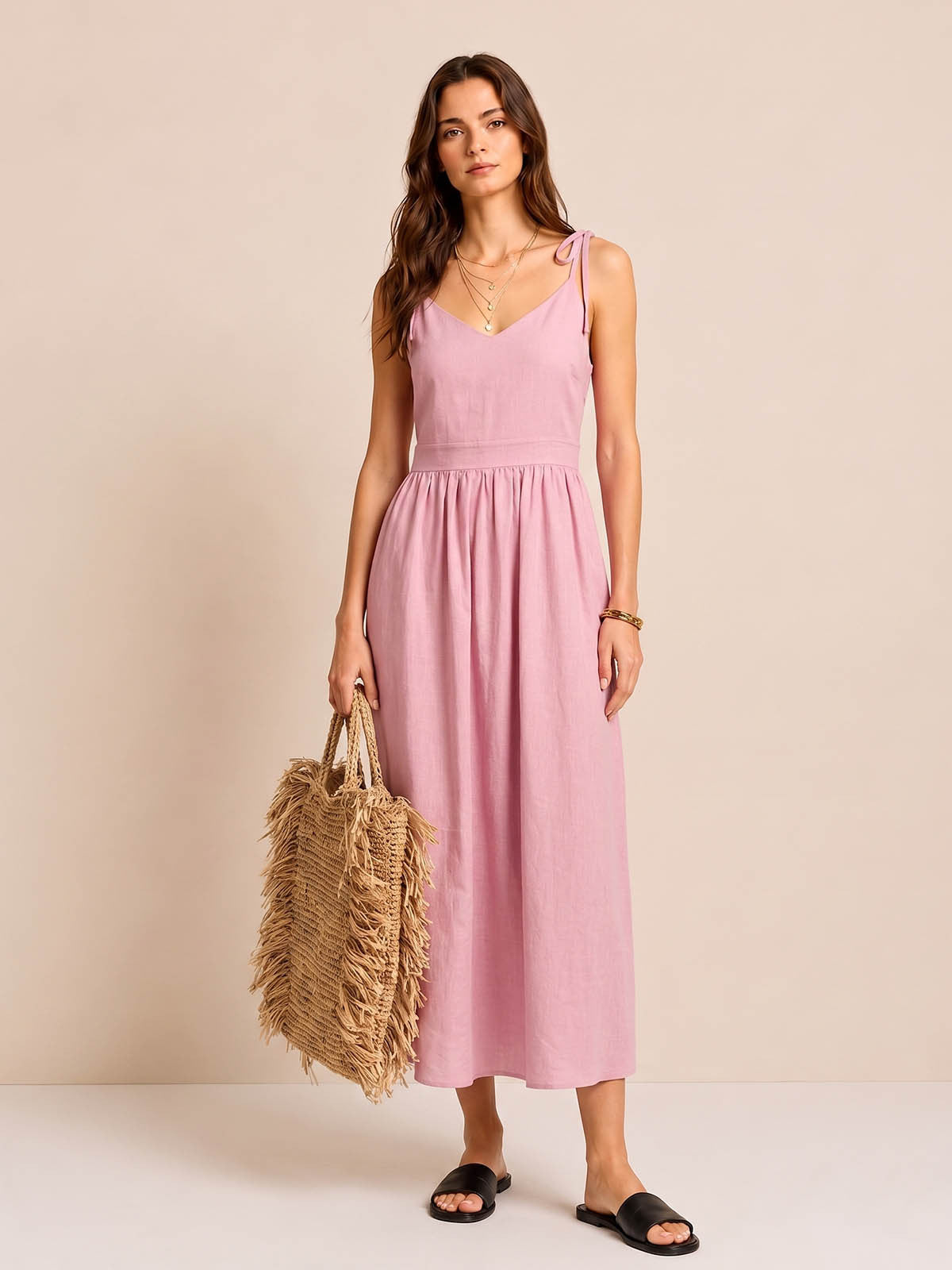 Linen-Blend V-Neck Maxi Dress with Adjustable Spaghetti Straps