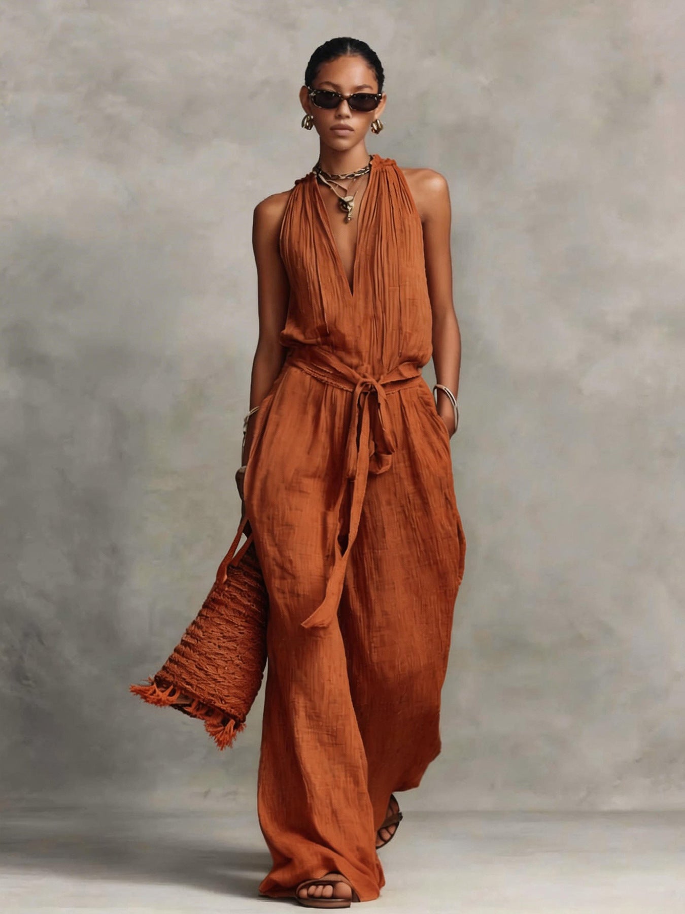 Pleated Halter Neck Belted Jumpsuit