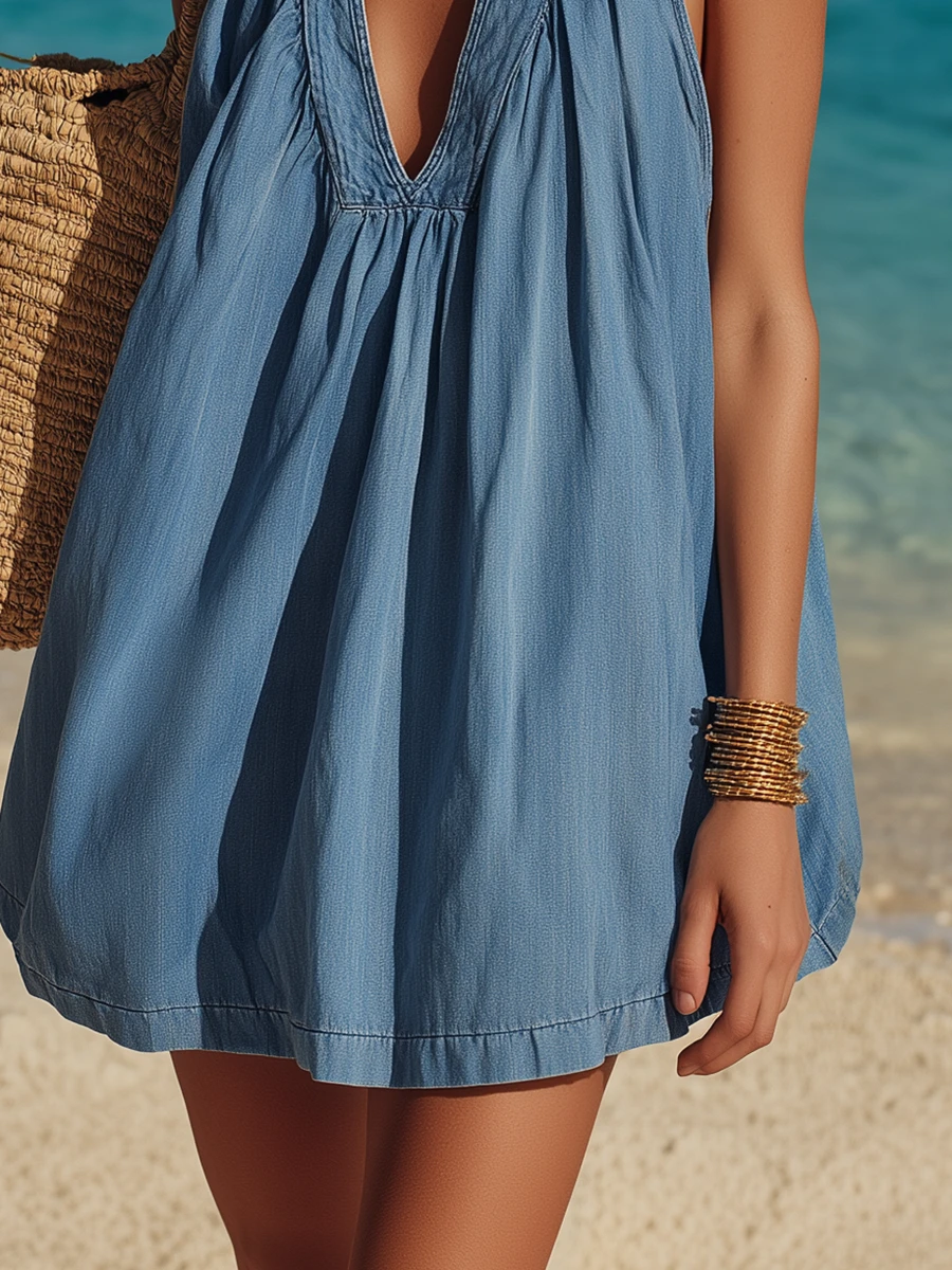 Chic Vacation Sleeveless A-Line Blue Denim Mini Dres