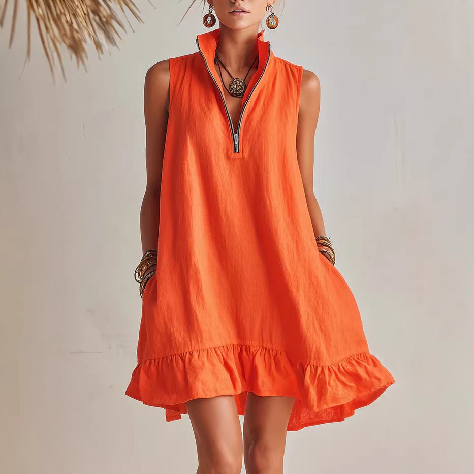 Zip Neck Ruffle Hem Mini Dress