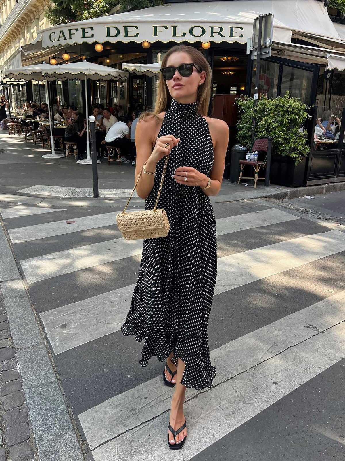 Polka Dot Chiffon Halter Neck Maxi Dress