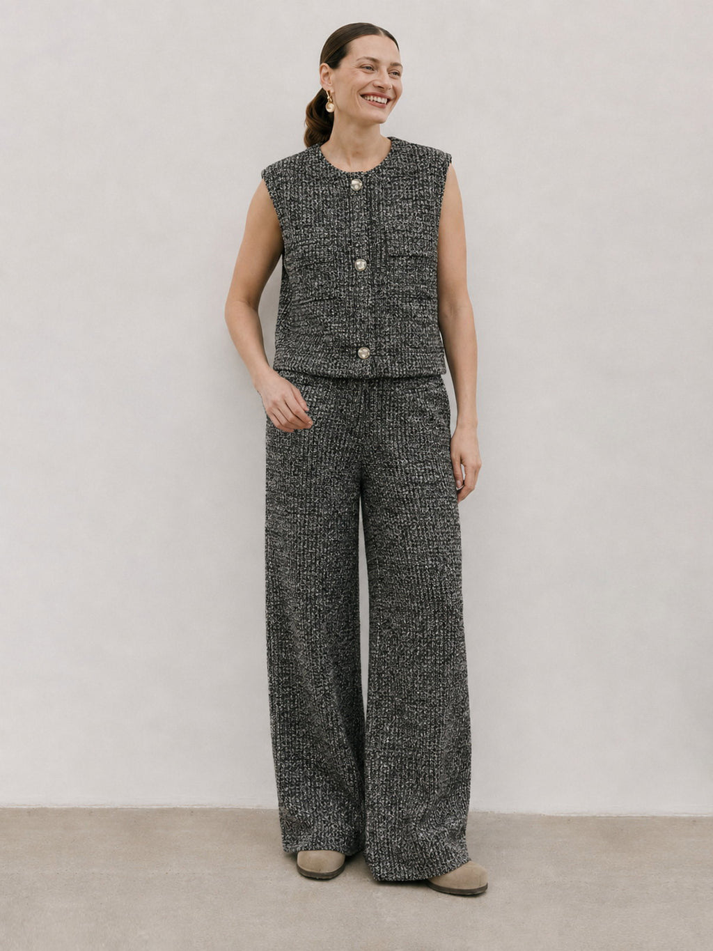 Textured Knit Vest Wide Leg Set