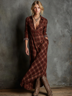 Baumwoll-Karo-Maxikleid mit durchgehender Knopfleiste und tiefem V-Ausschnitt