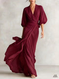 Ruched Wrap V Neck Flowy Maxi Dress