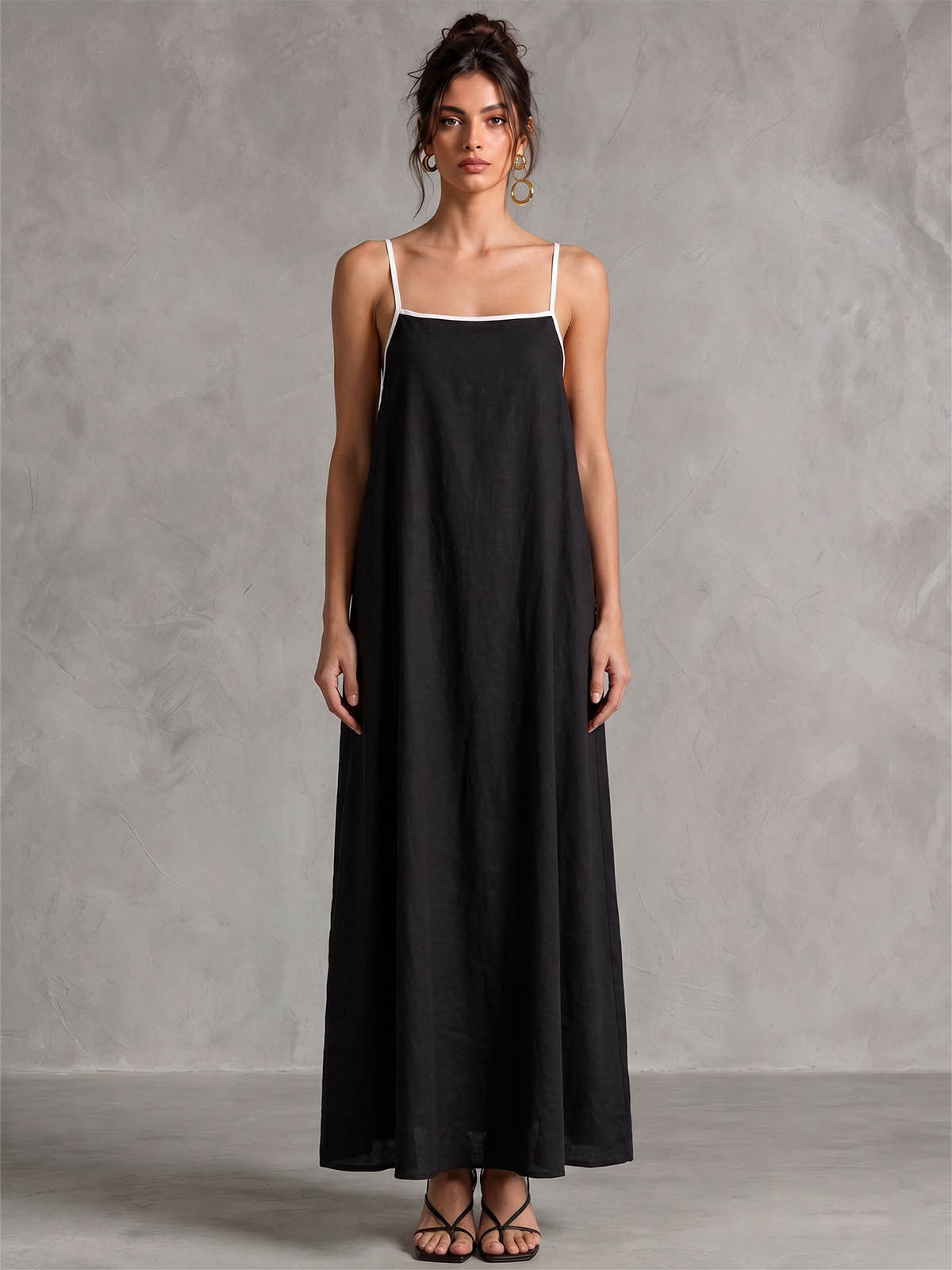 Linen-Blend Maxi Dress with Adjustable Spaghetti Straps