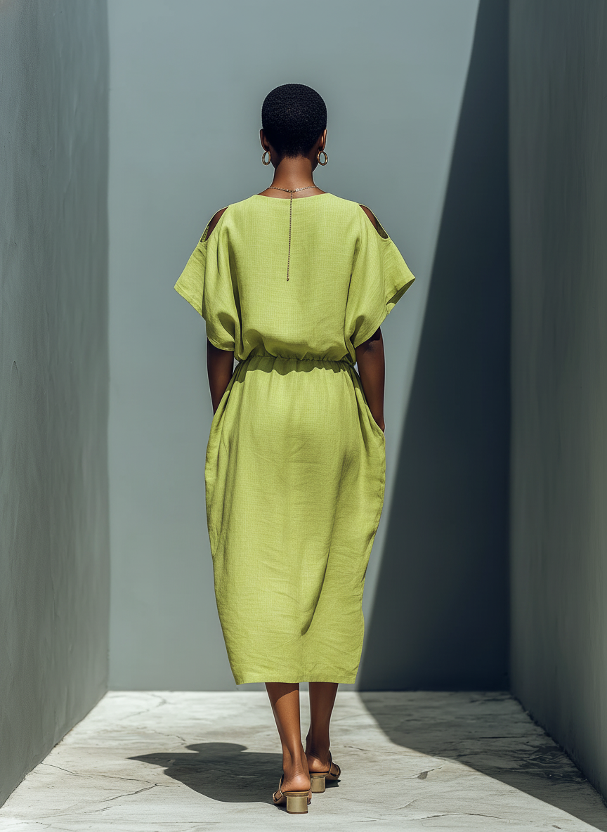 Linen Cold Shoulder Midi Dress with Elastic Waist and Wide Sleeve