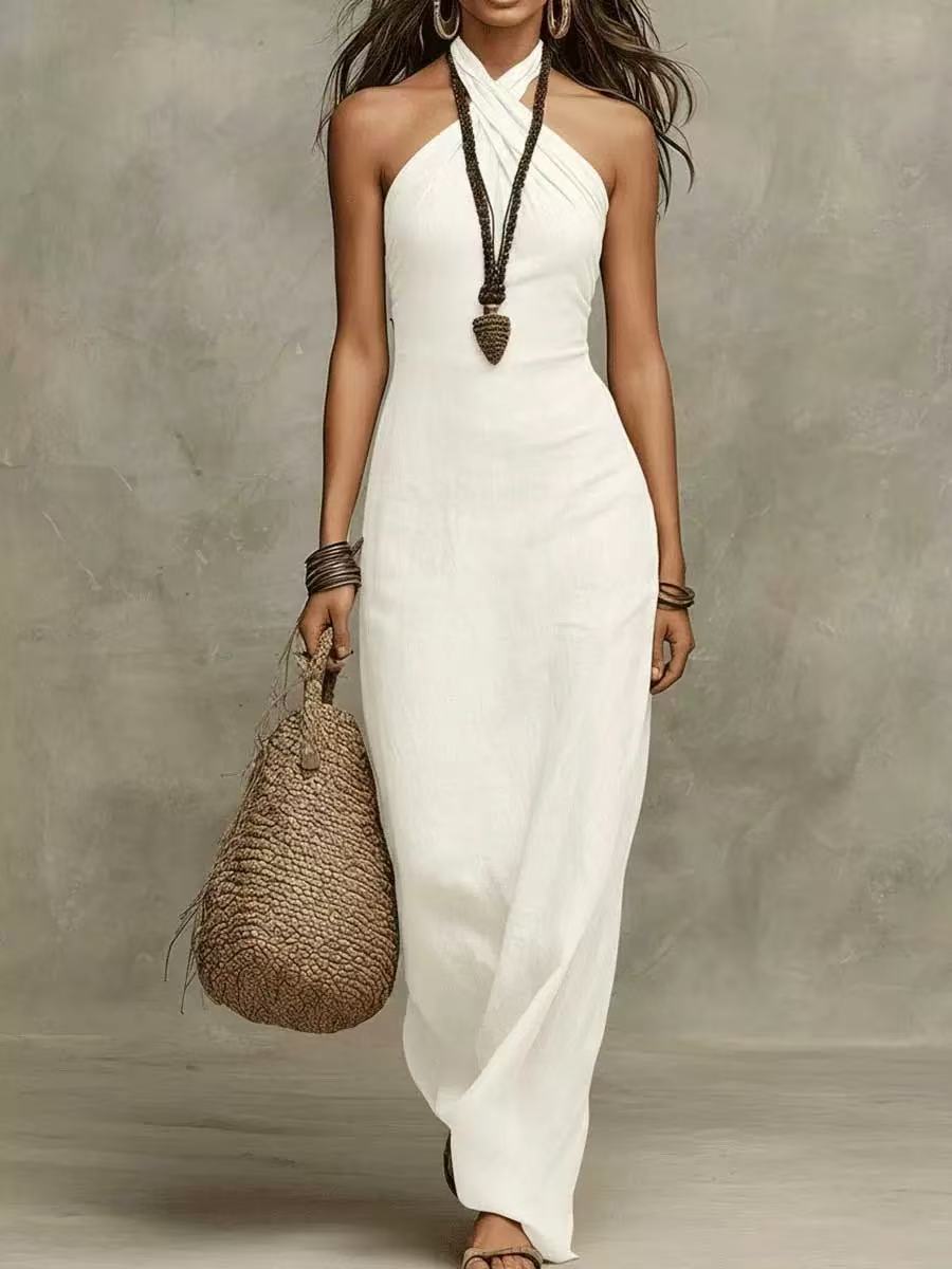 Cross Halter Neck Fitted Maxi Dress