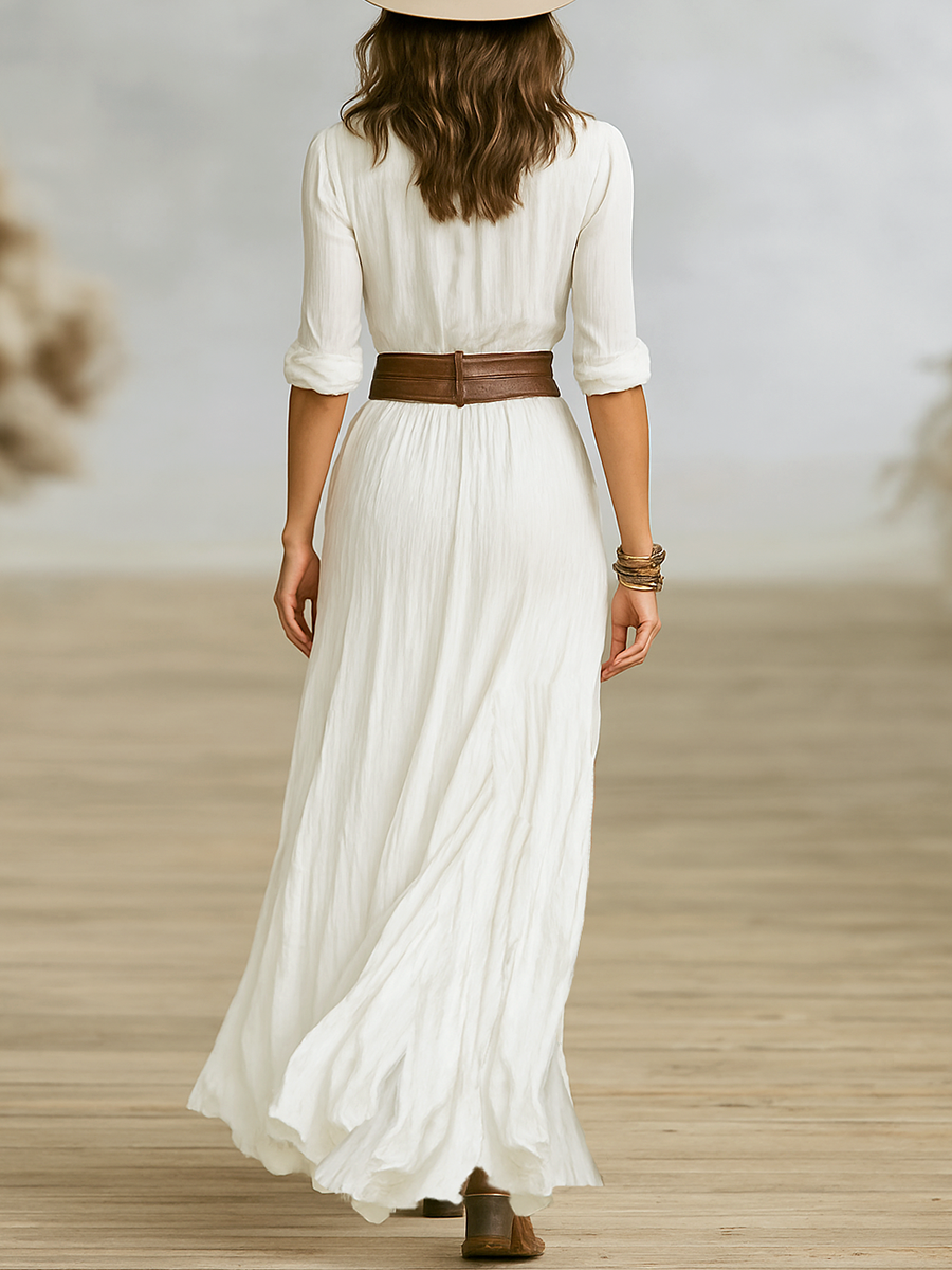 Lightweight Chiffon White Boho Maxi Dress with Deep V-Neck and High Slit for Women