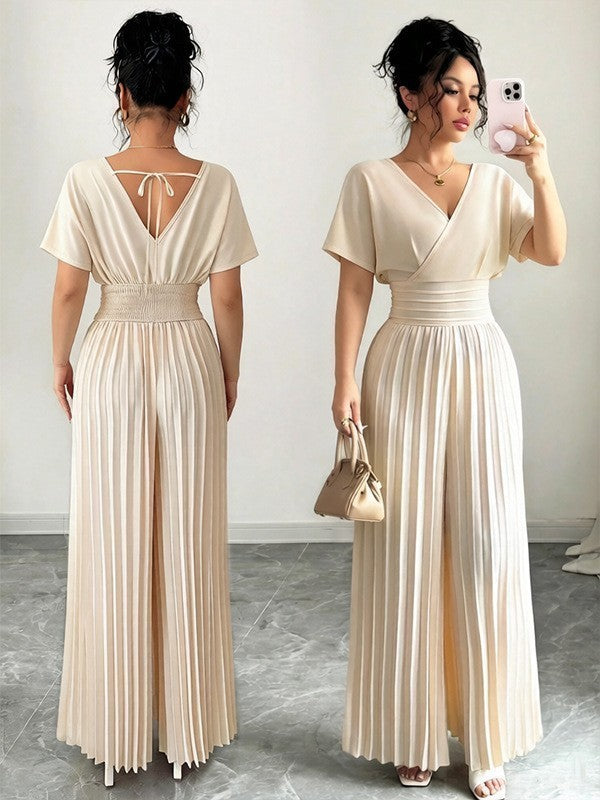 Beige Wrap Front Wide Leg Jumpsuit