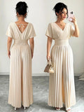 Beige Wrap Front Wide Leg Jumpsuit