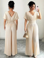 Beige Wrap Front Wide Leg Jumpsuit