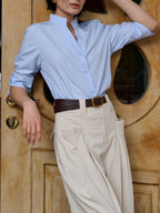 Band-Collar Button-Front Blouse