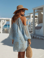 Romantisches, langärmeliges, schulterfreies Mini-Chiffonkleid mit Leopardenmuster in Blau