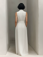 Vestido largo de lino para mujer, sin mangas, con escote en V, cruzado, con cinturón, estilo bohemio, vaporoso, ideal para el verano.