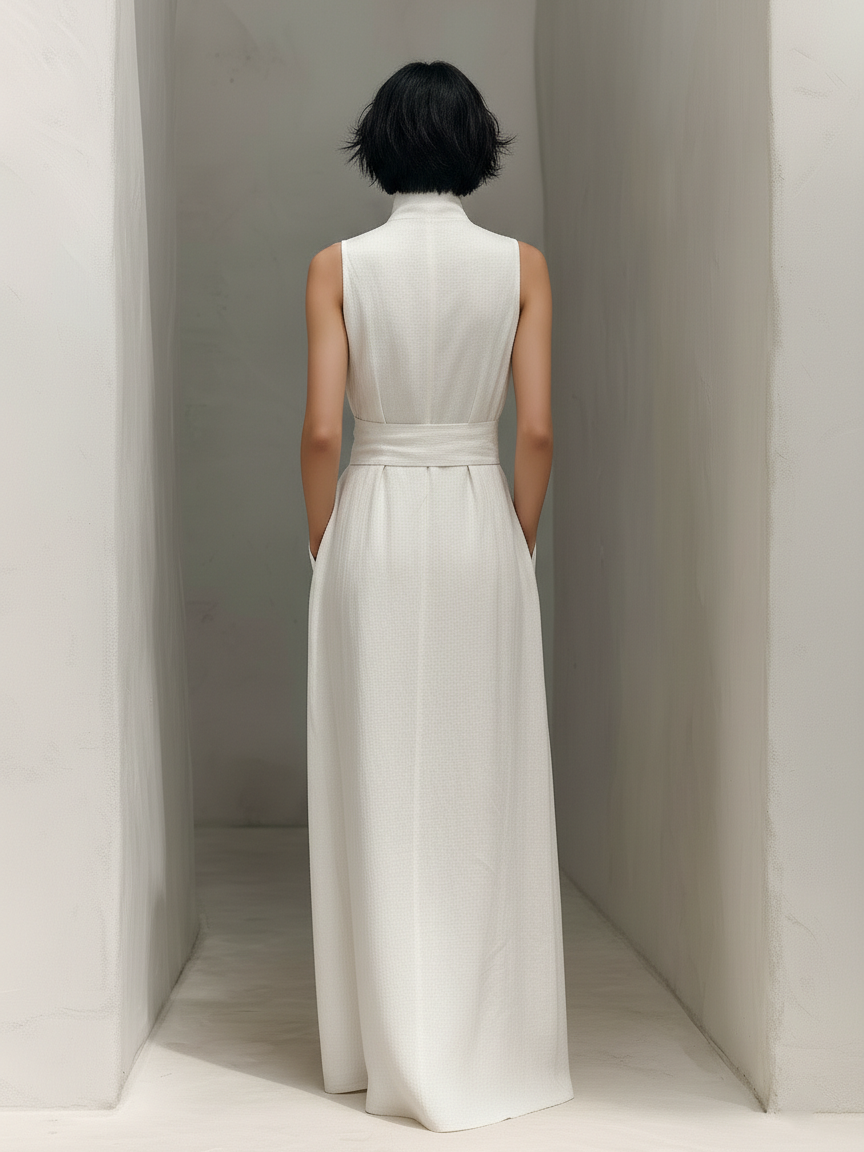 Linen Maxi Dress Women Sleeveless V-Neck Wrap Belted Long Flowy Boho Summer Dress Elegant White Robe