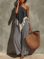 Ensemble pantalon large rayé et haut asymétrique à une épaule en mélange de coton