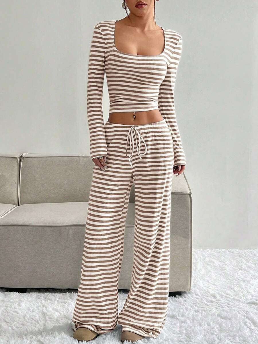 Striped Crop Top Wide Leg Pants Set