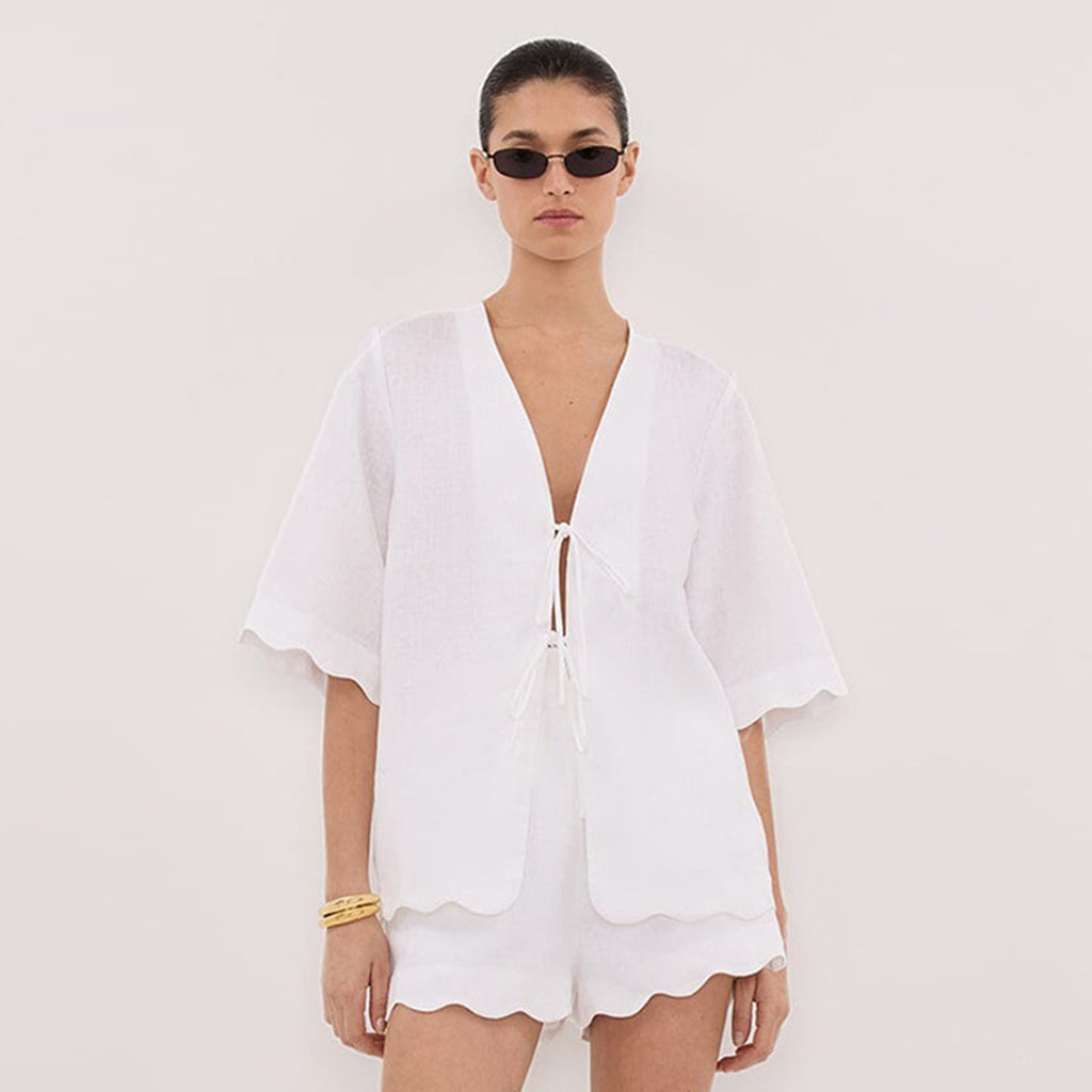 Linen V-Neck Tie-Front Blouse with 3/4 Sleeves & Scallop Hem