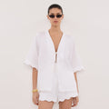 Linen V-Neck Tie-Front Blouse with 3/4 Sleeves & Scallop Hem