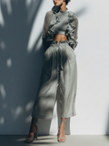 Sheer Ruffle Overlay Crop Top & Wide Leg Trousers Set in Light Grey Silk Blend