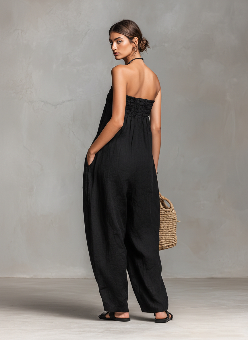Linen Strapless Maxi Dress for Women - Boho Wide Leg Jumpsuit with Drawstring Waist and Side Pockets