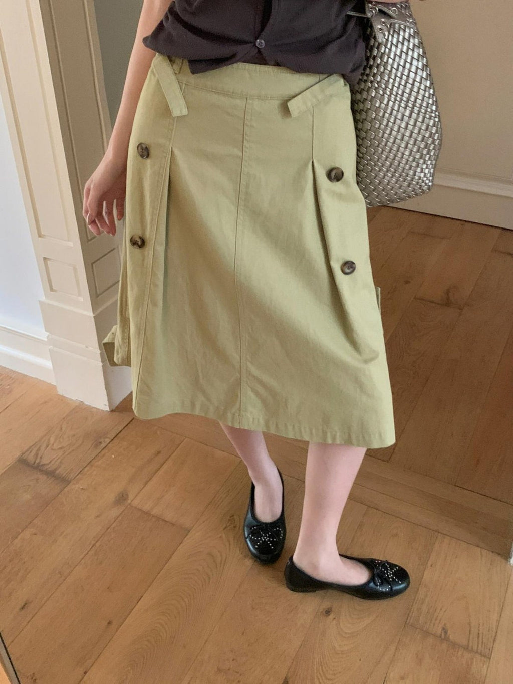 Button-Detail Cotton A-Line Midi Skirt
