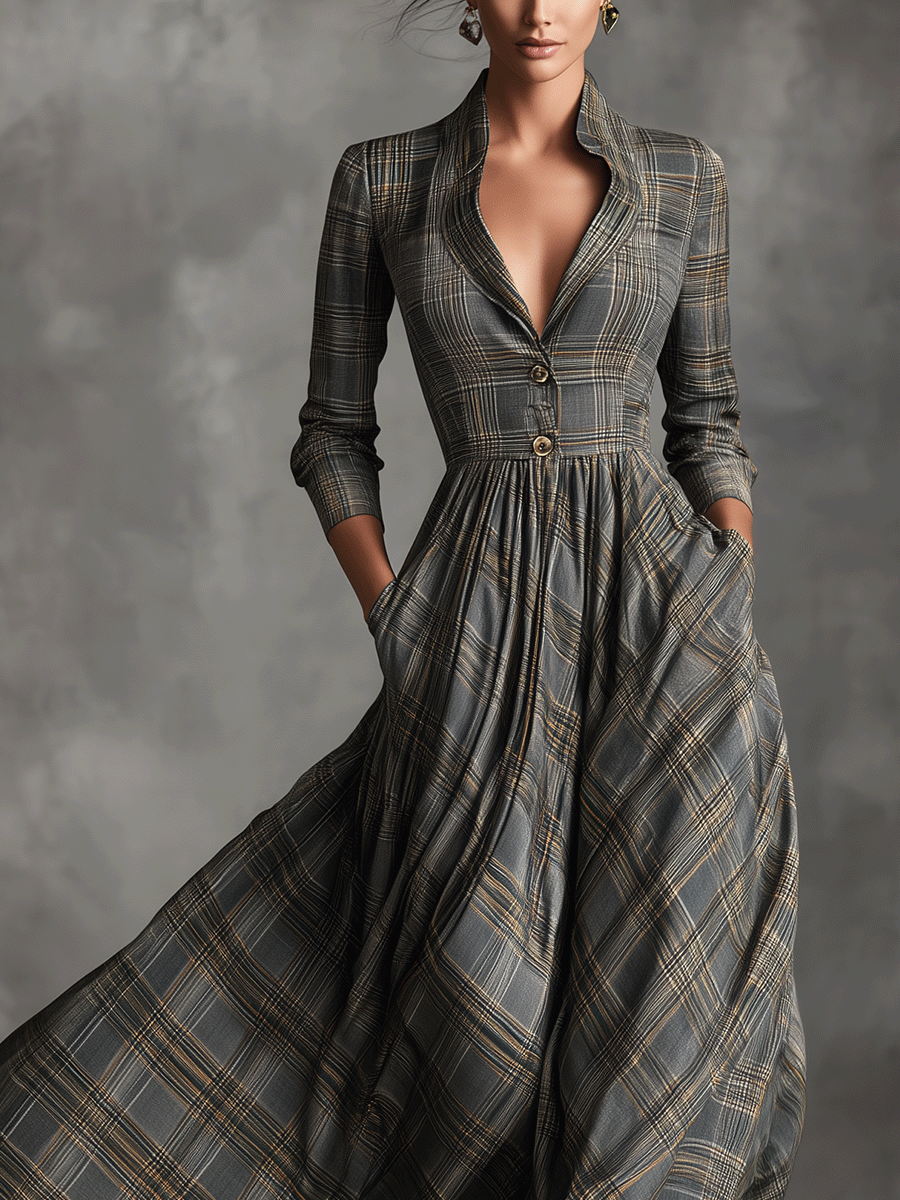 Plaid Wool-Blend Maxi Dress with Button Front and Flared Skirt