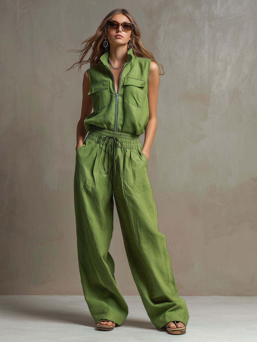 Linen Sleeveless Zip Up Top and Wide Leg Pants Set