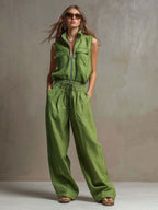 Ensemble débardeur zippé et pantalon large en lin
