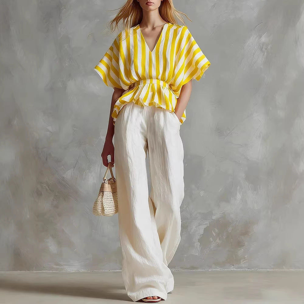 Striped V-Neck Peplum Top & Wide-Leg Pants Set