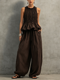 Linen Sleeveless Ruched Peplum Top and Wide Leg Pants Set for Women Boho Style Summer Outfit