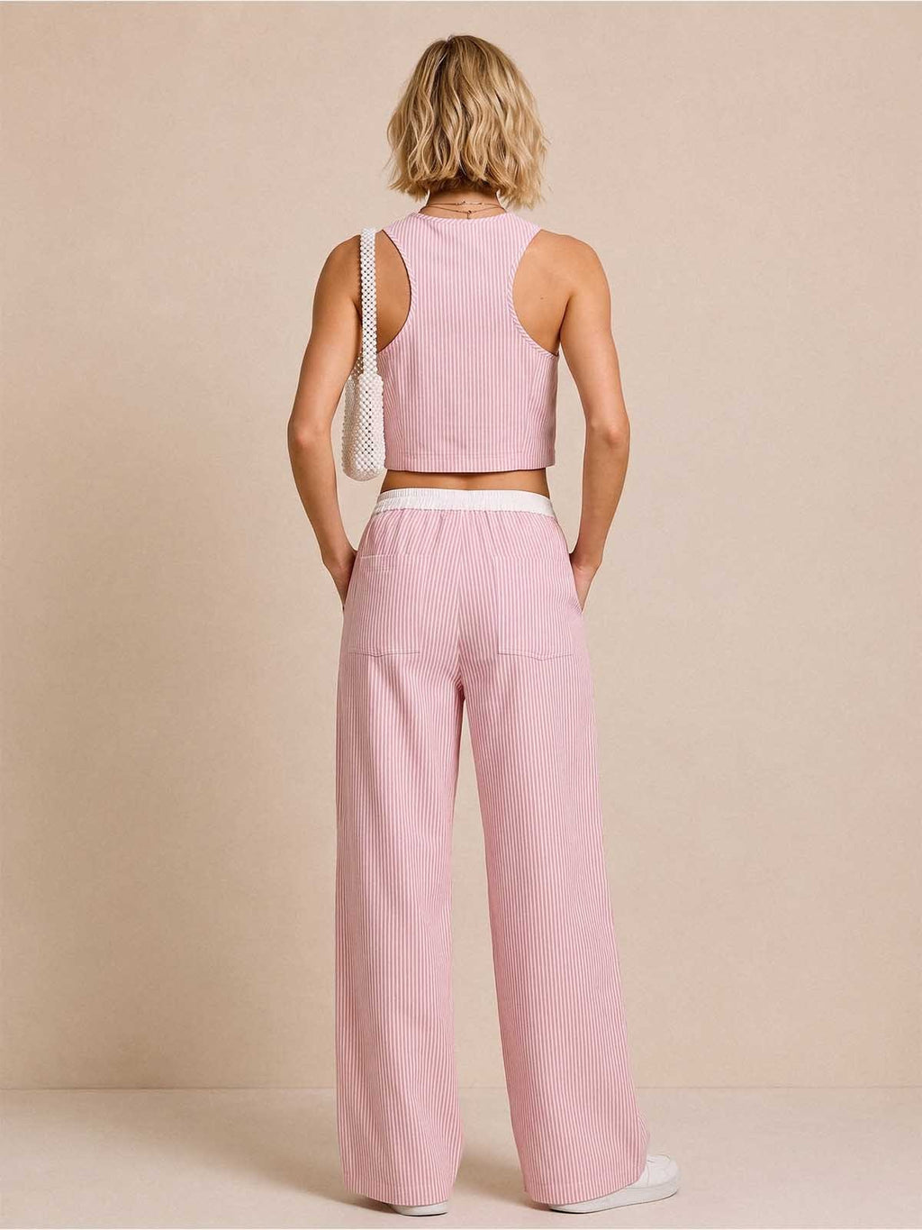 Pink Striped Cotton-Linen Blend Matching Set – Cropped Top & Wide-Leg Pants