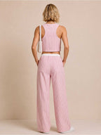 Rosa gestreiftes Set aus Baumwoll-Leinen-Mischung – bauchfreies Oberteil und weite Hose