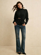 Mock Neck Buckle Twist Long-Sleeve Top