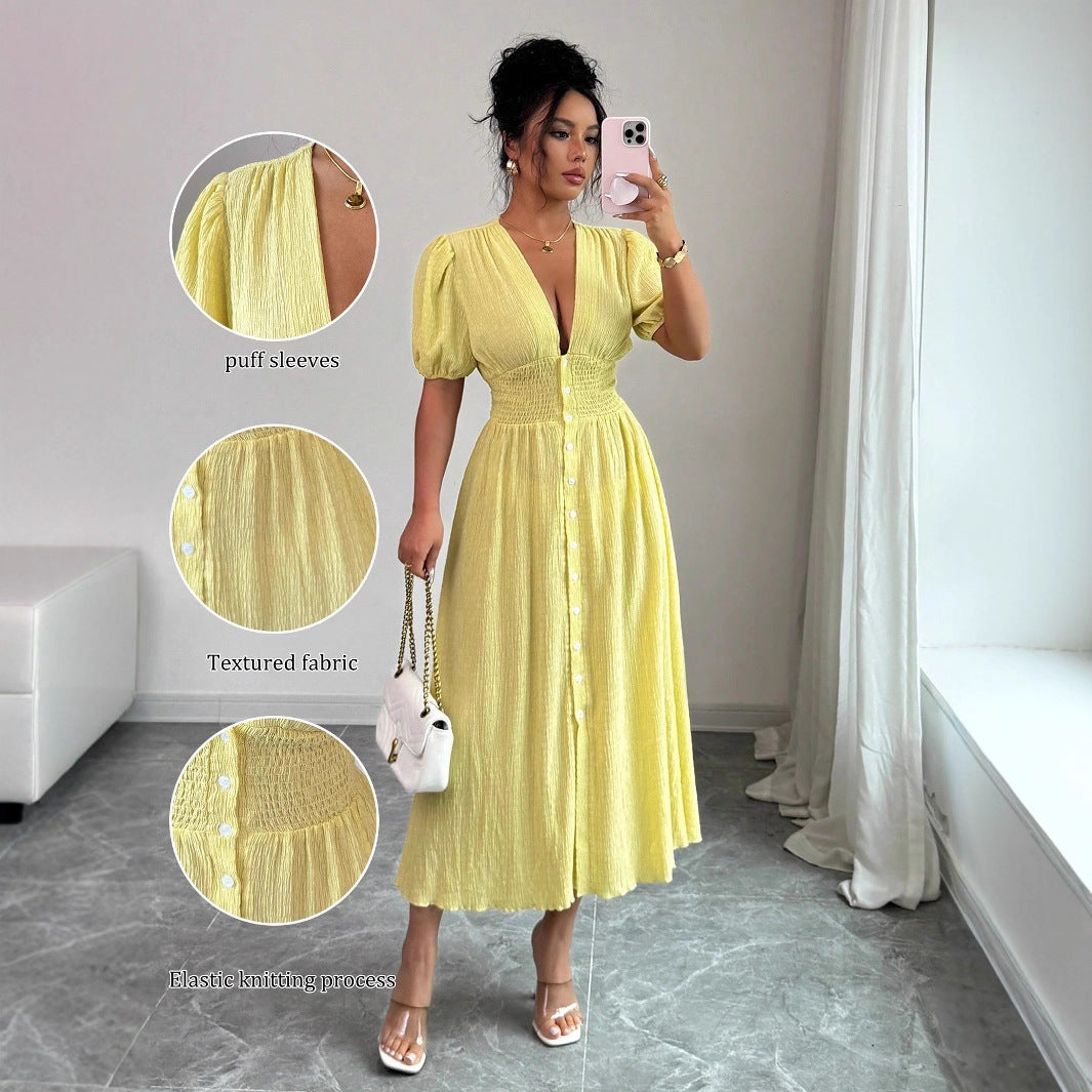 Yellow V-Neck Puff Sleeve Midi Dress