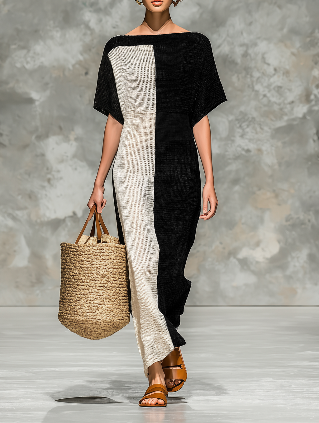 Knitted Cotton Blend Color-Block Midi Dress with Off-Shoulder Design