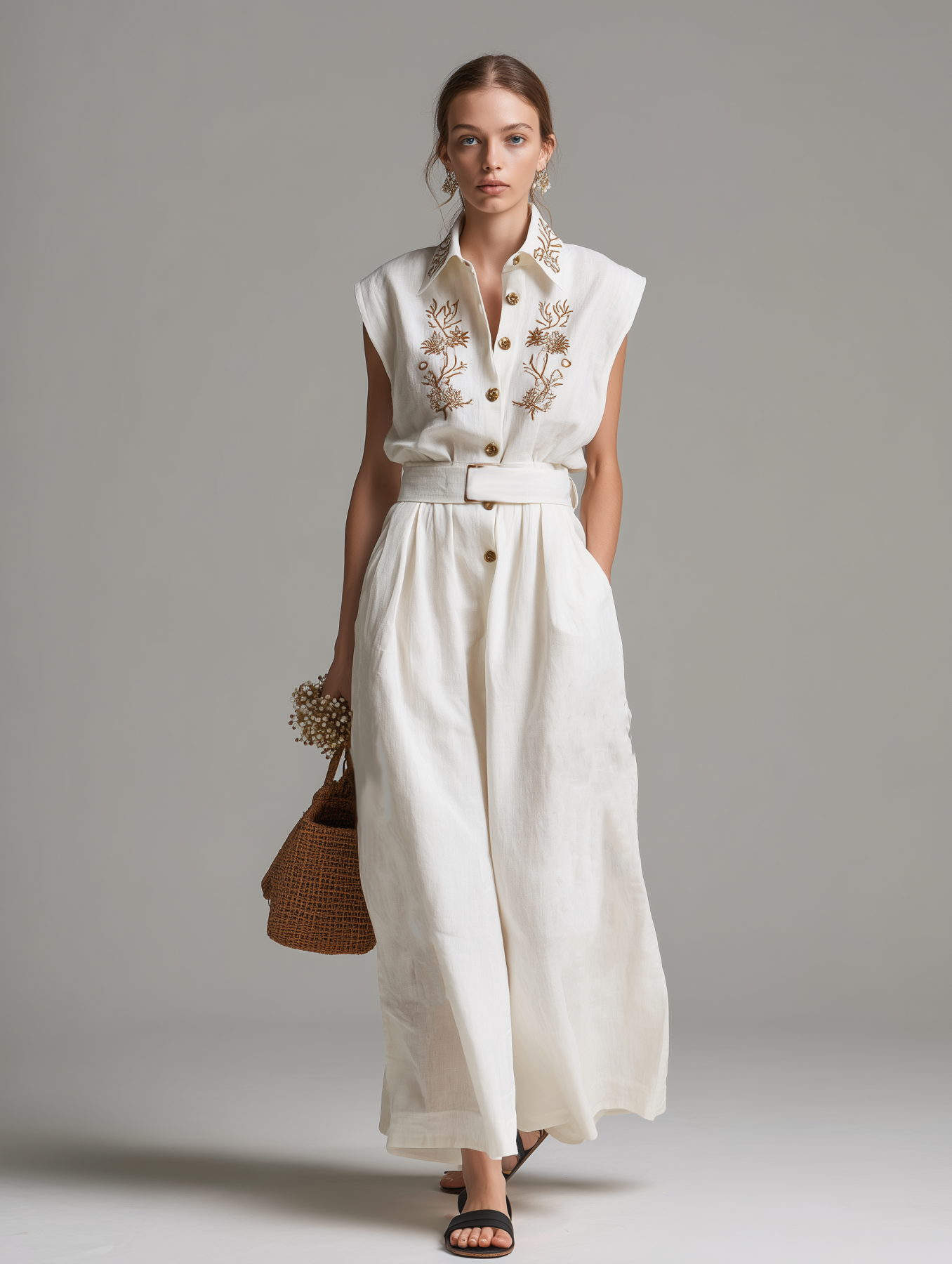 Linen Sleeveless Embroidered Maxi Dress with Belted Waist and Floral Detailing