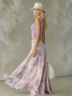 Maxirock für Damen aus bedrucktem Chiffon in Lavendel mit fließendem Lagen-Design
