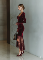 Robe midi en dentelle de velours à manches longues et encolure carrée pour femme, élégante robe de soirée