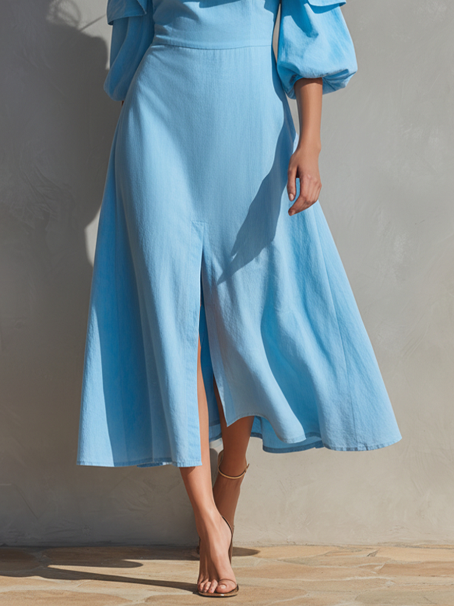 Cotton Off-Shoulder Ruffle Midi Dress with Side Slit and Puff Sleeves