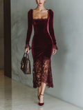 Velvet Lace Midi Dress with Long Sleeves and Square Neckline for Women Elegant Evening Party Dress