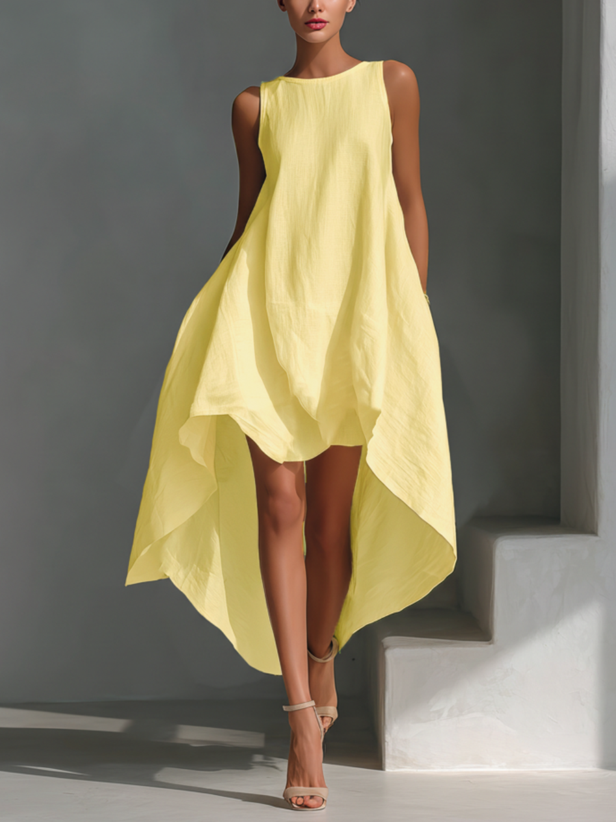 Linen Sleeveless High Low Dress Women Summer Casual Loose Fit Asymmetric Hem Maxi Dress